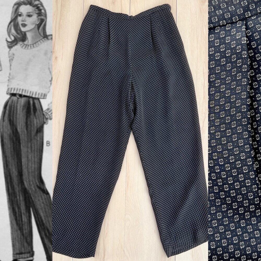 Vintage 90s Talbots USA High Waist Pleated Black and Floral Check Trousers Sz 14